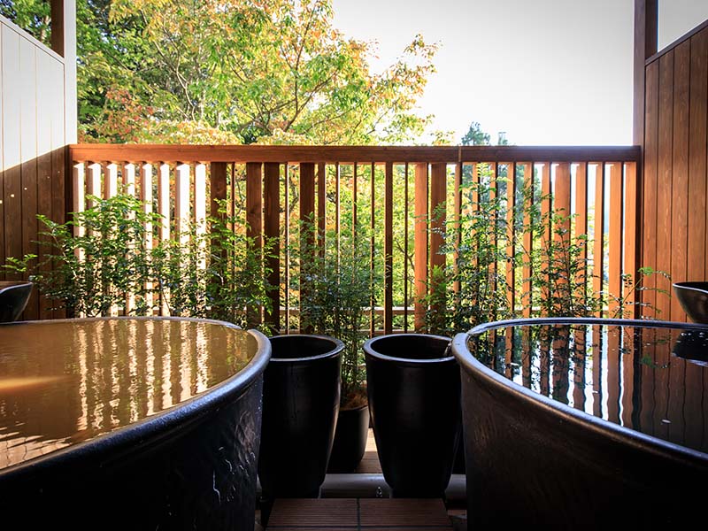 Chambre japonaise ou occidentale VIP de style avec deux bain en plein air (source Kinsen et Ginsen)